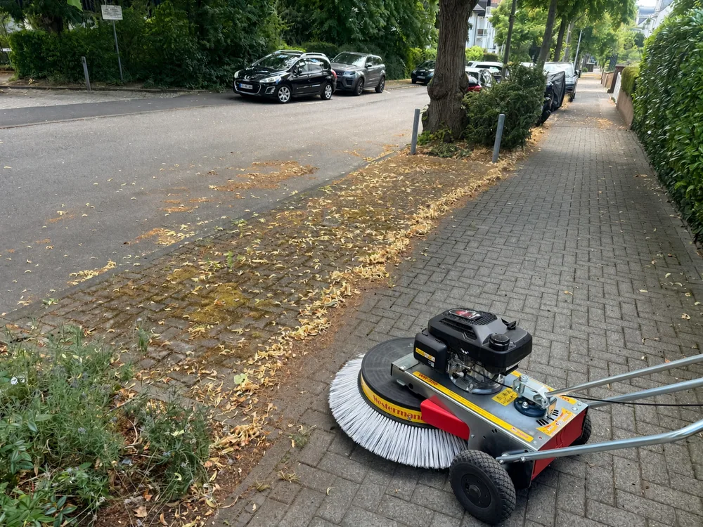 Vor dem Kehren: Laub liegt am gepflasterten Gehweg, die Kehrmaschine steht bereit