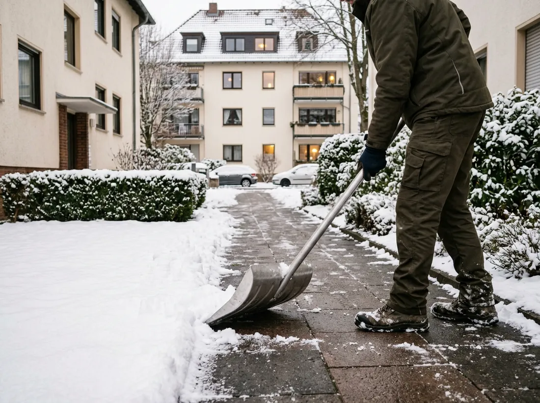 Illustratives Motiv: ein Mitarbeiter räumt Schnee von einem gepflasterten Zugangsweg